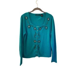 Kb collections green embellished beaded, long sleeve cardigan ￼size small